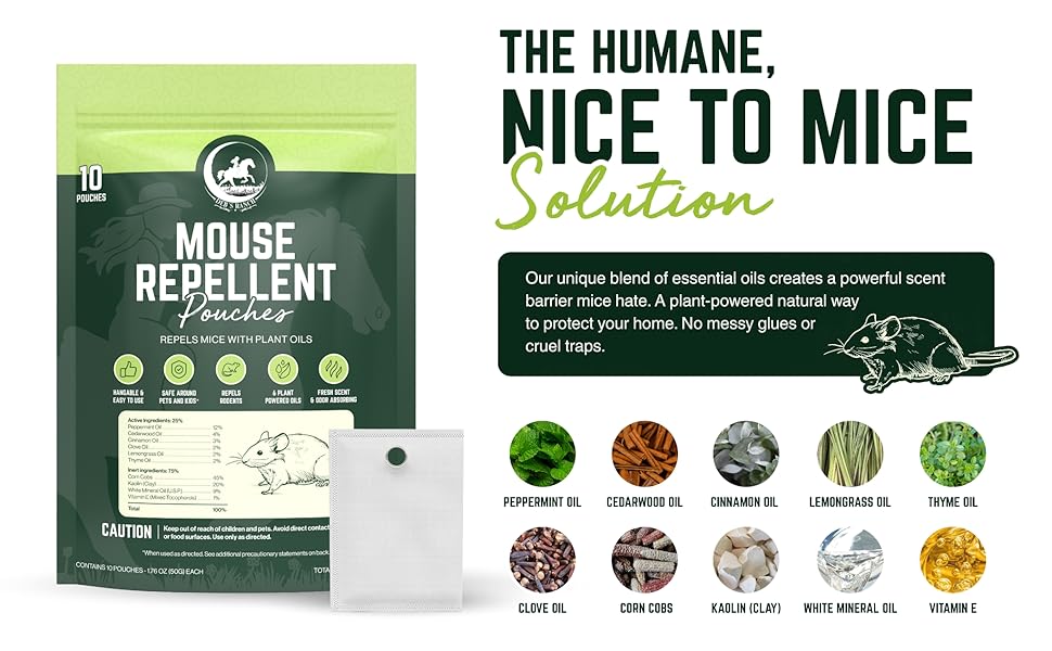 Humane mouse repellent pouches with natural essential oils. Non-toxic peppermint scent barrier.