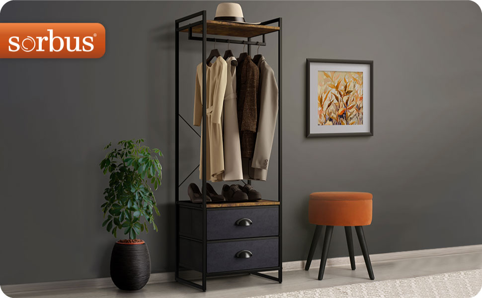 Clothing Rack Drawers Clothes Stand Dresser Wood Top Steel Frame Fabric