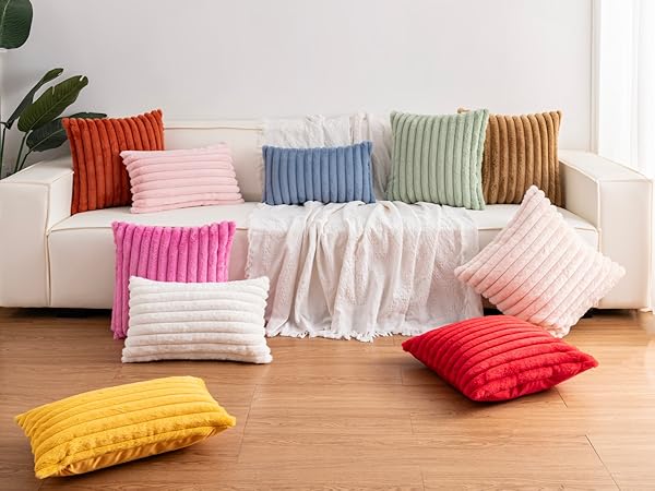 Luxury Soft Fluffy Striped Decorative Pillow Covers for Sofa, Couch, Living Room, Cream White