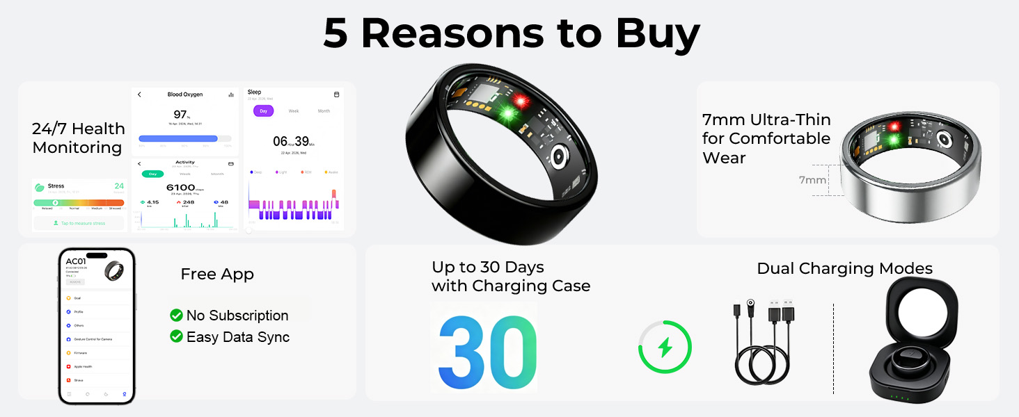 Smart rings for men and women with thin design, fitness tracking and free app.