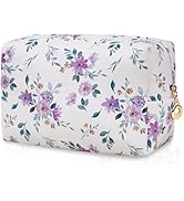 Floral Waterproof Makeup Bag, Leather Cosmetic Bag with Compartments, Zipper Make up Pouch Organi...