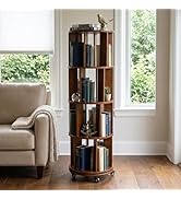 AV CONNECT Rotating Bookshelf Tower, 4-Tier Solid Wood Spinning Bookcase with Wheels, 360° Revolv...