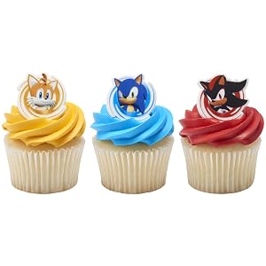 Sonic cupcake decorations on blue, yellow, and red cupcakes