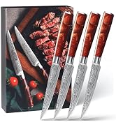 YFWOOD Steak Knives Set of 4, 4.8 Inch Non Serrated Steak Knife, High-Carbon Stainless Steel Stea...