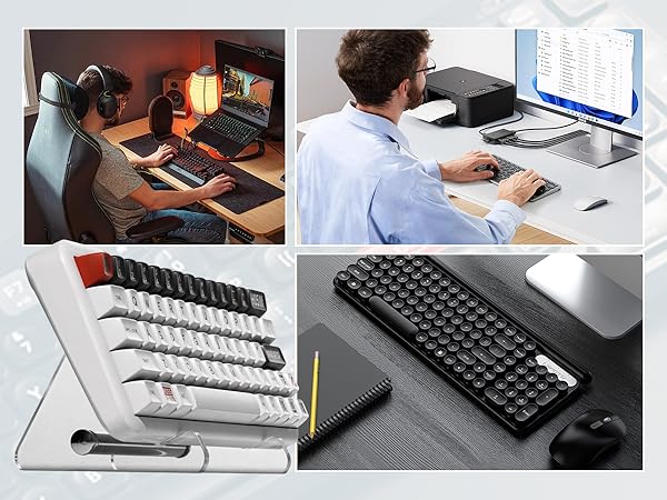 Collage of mechanical keyboards and workstations showing various setups with desktop computers, monitors, and keyboard components.