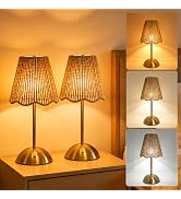 2 Pack Boho Rattan Table Lamp,Rechargeable Led Desk Lamp,Small Wicker Lamp with 3 Color Dimmable ...
