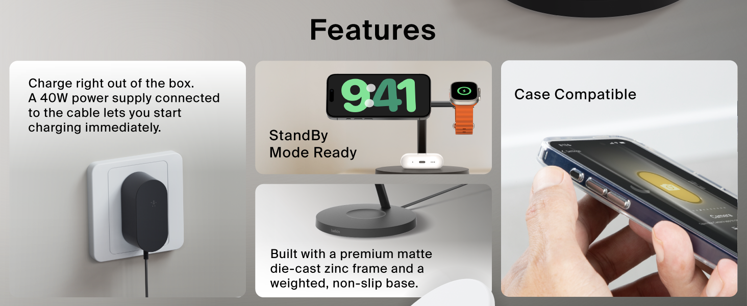 Image of charging station plug base and phone with text reading features.