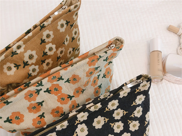 floral corduroy makeup bag for women girls, uplifting flowers, vintage puffy velvet corduroy