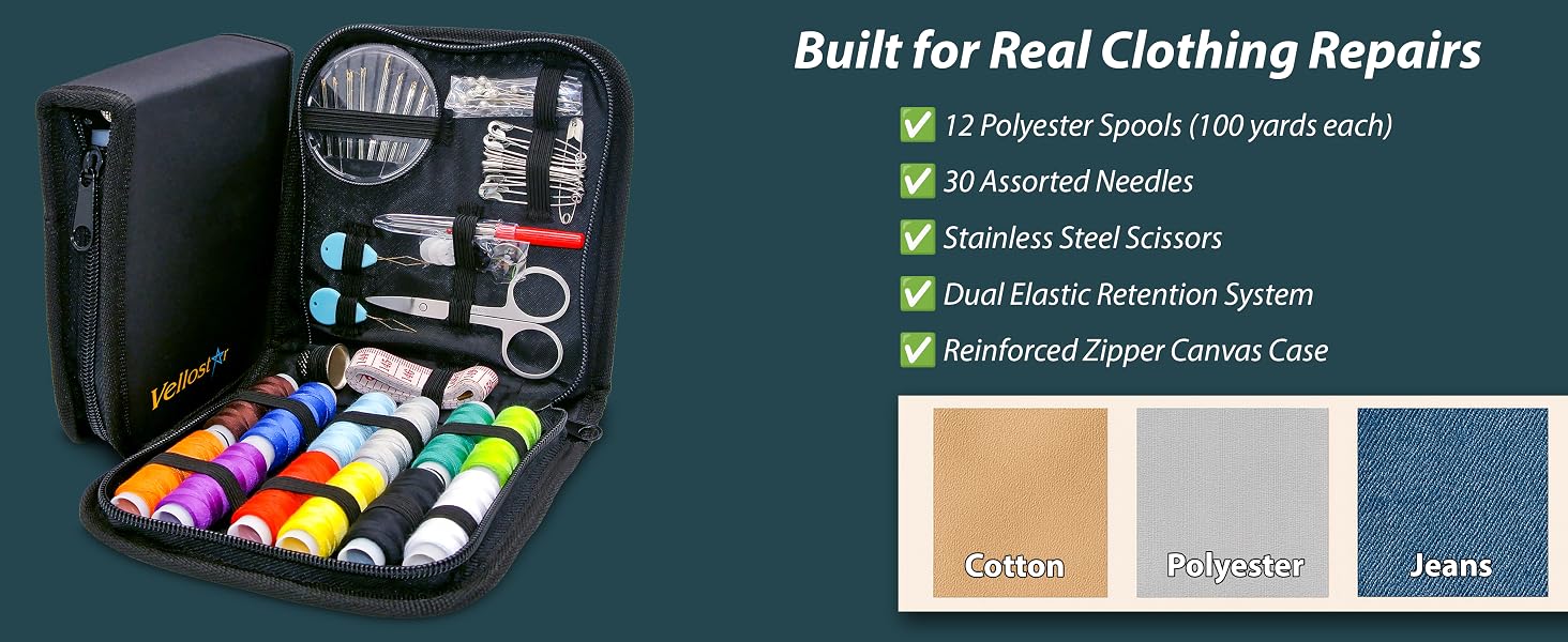 denim mending, quick fixes sewing buttons on the go, travel portable sew kit set