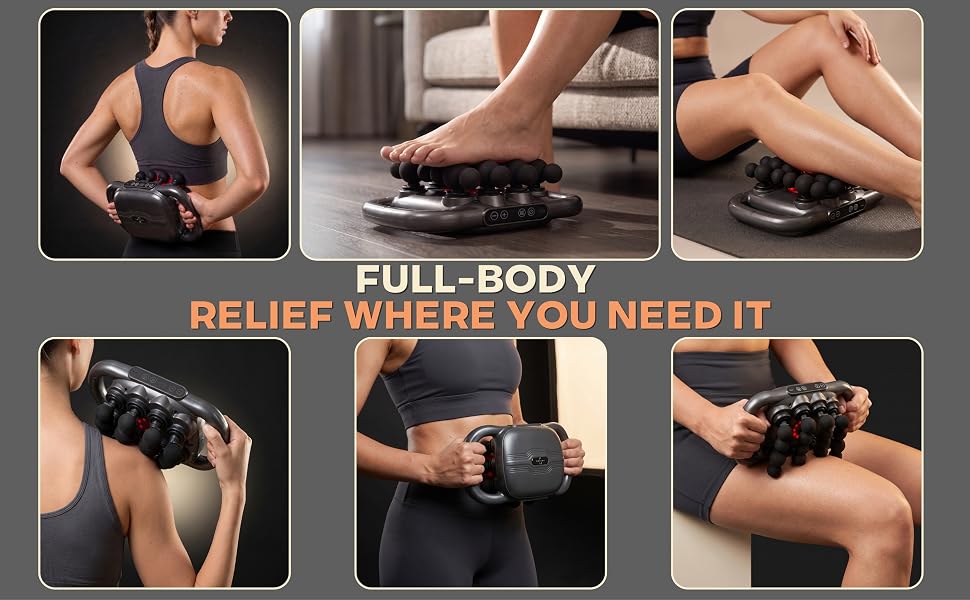 SOVIRA full-body massager shown in use on the back, shoulder, leg, thigh, calf, and foot.