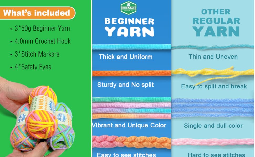 Beginner Yarn crochet knitting easy worsted medium #4 rainbow blue orange white multi-color