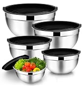 TeamFar Mixing Bowls Set of 5, Stainless Steel Metal Salad Bowls with Lids | 4.5/3/1.5/1/0.7 QT, ...