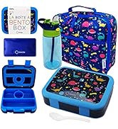 Bento Lunch Box with Bag, Water Bottle & Ice Pack Set for Kids Toddlers, 4 Portion Sections, Remo...