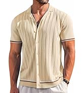 COOFANDY Men's Short Sleeve Knit Shirt Casual Button Down Shirt Vintage Striped Knitted Golf Beac...