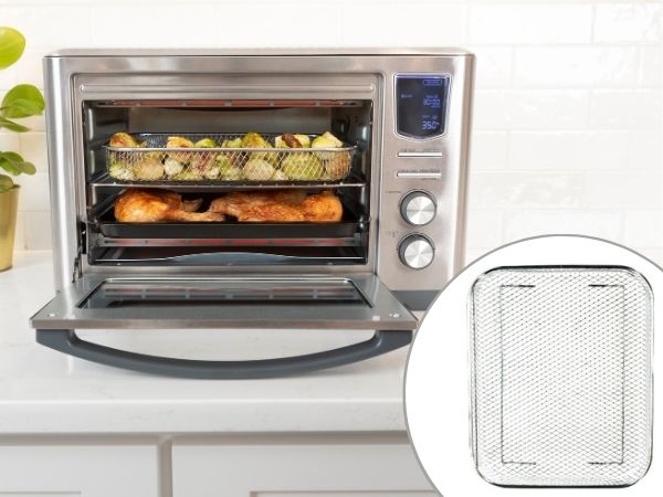 Kenmore digital toaster oven air fryer on a kitchen counter with inset closeup of dehydrator basket