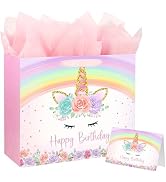 Yusenguan 13" Unicorn Birthday Gift Bag with Greeting Card and Tissue Paper for Baby Girls and Ki...