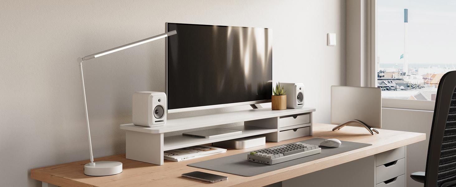 Home office setup with wooden desk