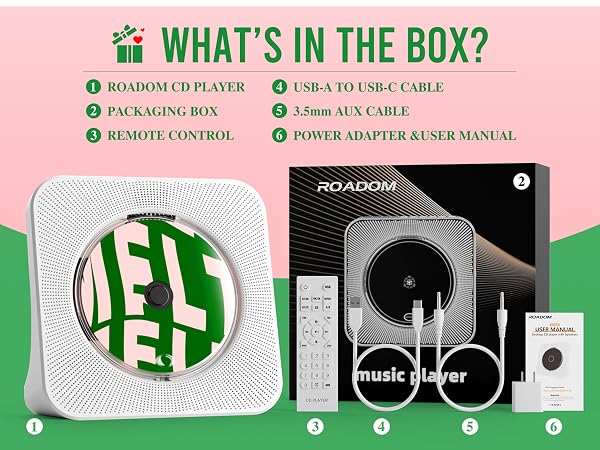 ROADOM CD player package with remote, AUX cable, USB cable, power adapter and user manual