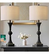 Oneach 28" Modern Table Lamps Set of 2 for Living Room, Bedside Lamps with USB Ports, Black Night...