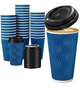 Huifany 16 oz Insulated Disposable Paper Coffee Cups with Lids 50 Pack | Triple Ripple Wall Reduc...