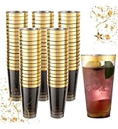 LIYH 100 Pcs Gold Plastic Cups - 16 OZ Clear Black and Gold Rim Plastic Wine Cups Big Size Fancy ...