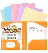 Sooez 6 Pack 2-Pocket Folder with Prongs, Plastic Folders with Pockets and Prongs, Heavy Duty Poc...