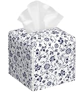 Blue and White Tissue Box Cover Square, Abstract Blue Flowers Tissue Box Holder,Waterproof Leathe...
