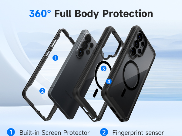 Text reads "360° Full Body Protection" with labeled features: "Built-in Screen Protector" and "Fingerprint sensor". Four protective smartphone cases displayed showing front and back designs in black and white variations.
