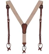 Tourbon Leather Suspenders for Men Y Back Shape Elastic Webbing Adjustable Brown Wedding Groomsme...