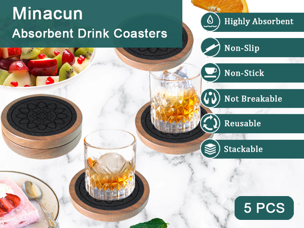 5 Pack Wood Coasters for Drinks Minacun Absorbent Coaster Set Drinks Coasters for Coffee Table