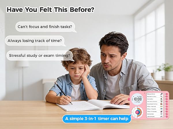 3 in 1 Visual Timer ADHD Tool Kids Adults Task Schedule Chore Planning Board Home White pink blue
