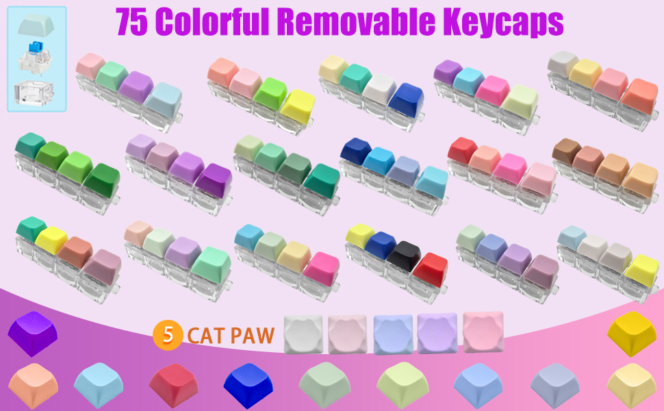 75 Colorful Removable Keycaps with Cat Paw