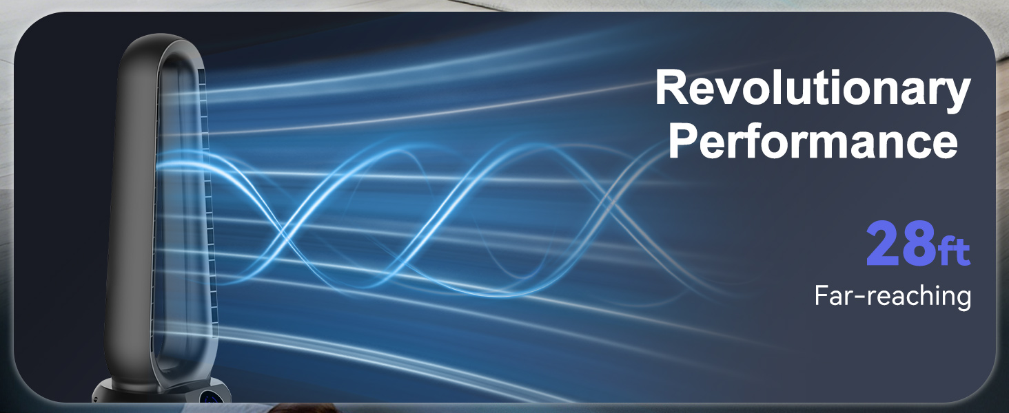 Text reads 'Revolutionary Performance' and '28ft'. Blue technological interface display with glowing elements and abstract patterns.