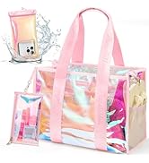 Beach Bags for Women, Clear Iridescent Beach Tote Bag with Makeup Bag & Phone Pouch, Waterproof S...