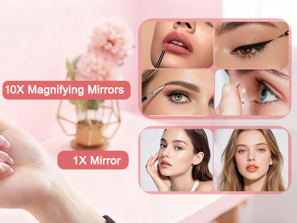 Text reads '10X Magnifying Mirrors' and '1X Mirror'. Product showcase featuring makeup application and skincare close-ups in multiple panels.
