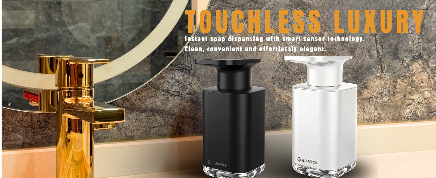 Text reads "TOUCHLESS LUXURY" in orange. Three luxury bathroom soap dispensers shown: gold-finish, black matte, and white finishes with modern minimalist design.