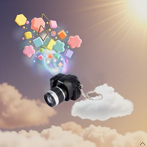 A close-up view of a miniature camera keychain resting on a wooden surface, surrounded by colorful b