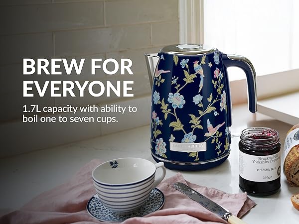 Text reads 'BREW FOR EVERYONE' and '1.7L capacity with ability to boil one to seven cups.' Dark blue patterned teapot or brewing vessel shown in various usage scenarios.