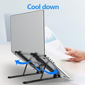 Adjustable laptop stand with cooling airflow. Gray metal frame raises device, arrows indicate air circulation. Hand holds document beside stand, demonstrating ergonomic setup.