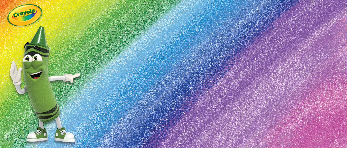 Crayola character pointing to rainbow background