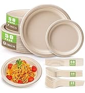Gezond 250Pcs Disposable Paper Plates Set, Compostable Plate Sugarcane Utensils Eco Friendly Dinn...