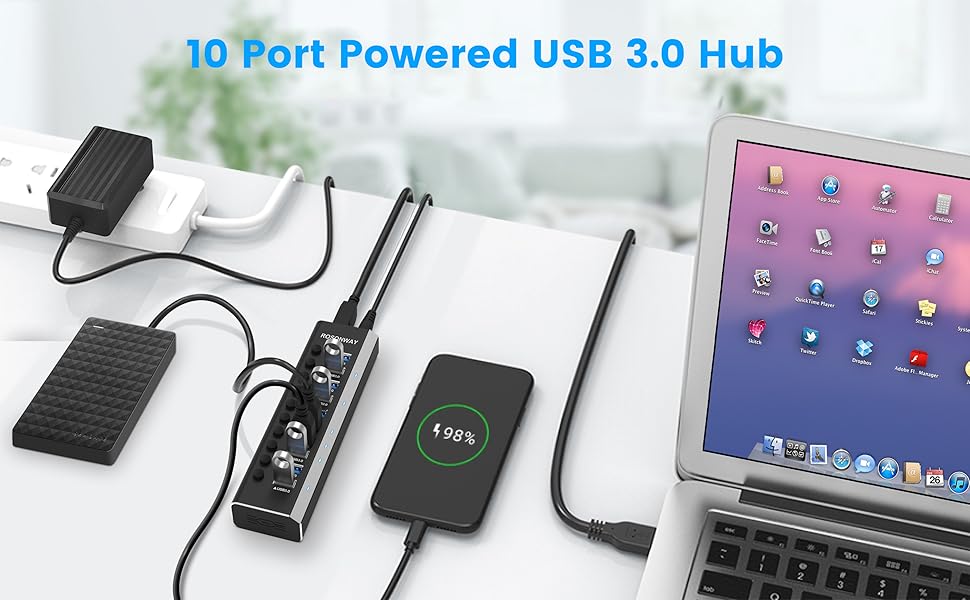 ROSONWAY 10 port powerd usb 3.0 hub with 36W power adapter
