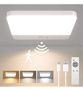 Motion-sensor LED ceiling light fixture with multiple brightness settings, demonstrated through installation and lighting sequence.