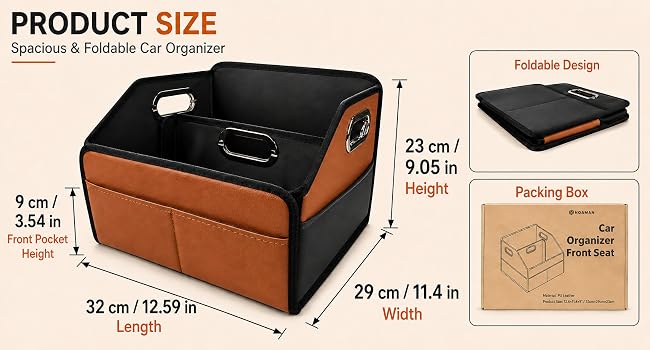 Noaman car organizer product size with 12.59 in length, 11.4 in width, 9.05 in height and foldable