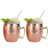 TJ Moscow Mule Mugs Set of 2, Rose Hammered Mule Cup 17 oz, Stainless Steel Lining Brass Handles ...