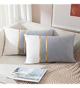 ZLINA Set of 2 Velvet Decorative Lumbar Pillow Covers Grey White Patchwork with Gold Leather Pill...
