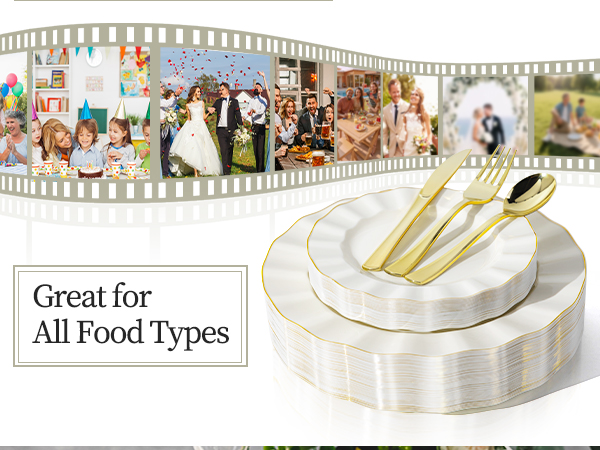 gold plastic plates and silverware
