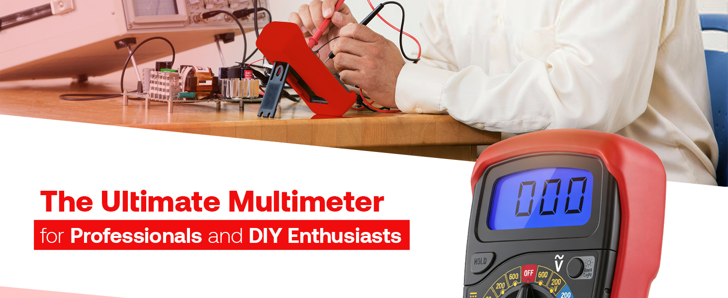 Text reads 'The Ultimate Multimeter'. Close-up view of digital multimeter with blue LCD display and multiple measurement settings dial against red background.