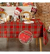 VidaFete Christmas Checkered Rectangle Tablecloth, Red Plaid Xmas Table Cloth Polyester with Leaf...