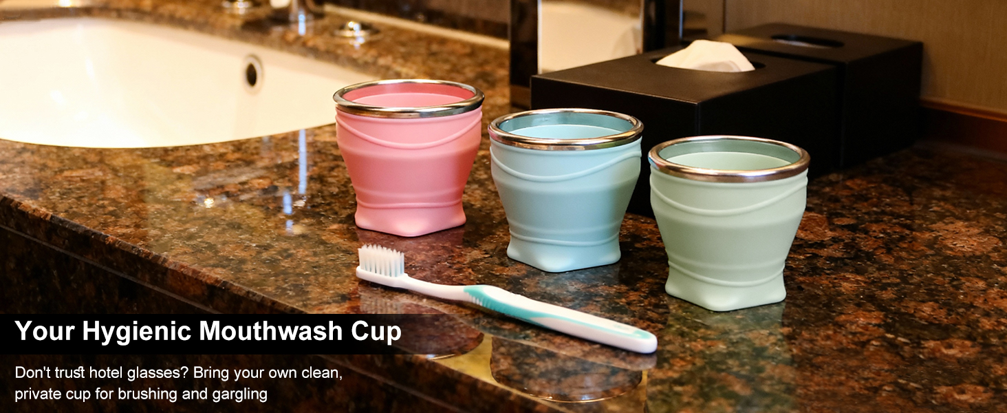 Pink collapsible cup for hotel toothbrushing hygiene